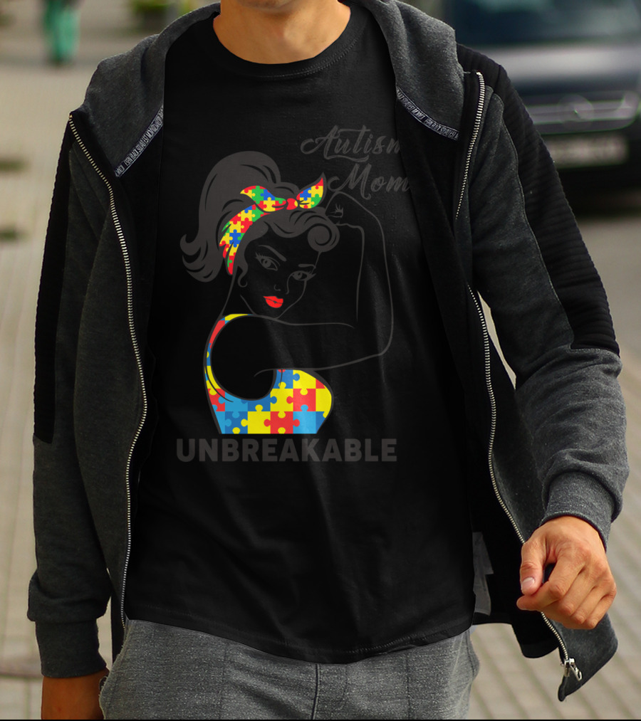 Autism Awareness Autism Mom Unbreakable Puzzle Piece Rosie The Riveter T-Shirt