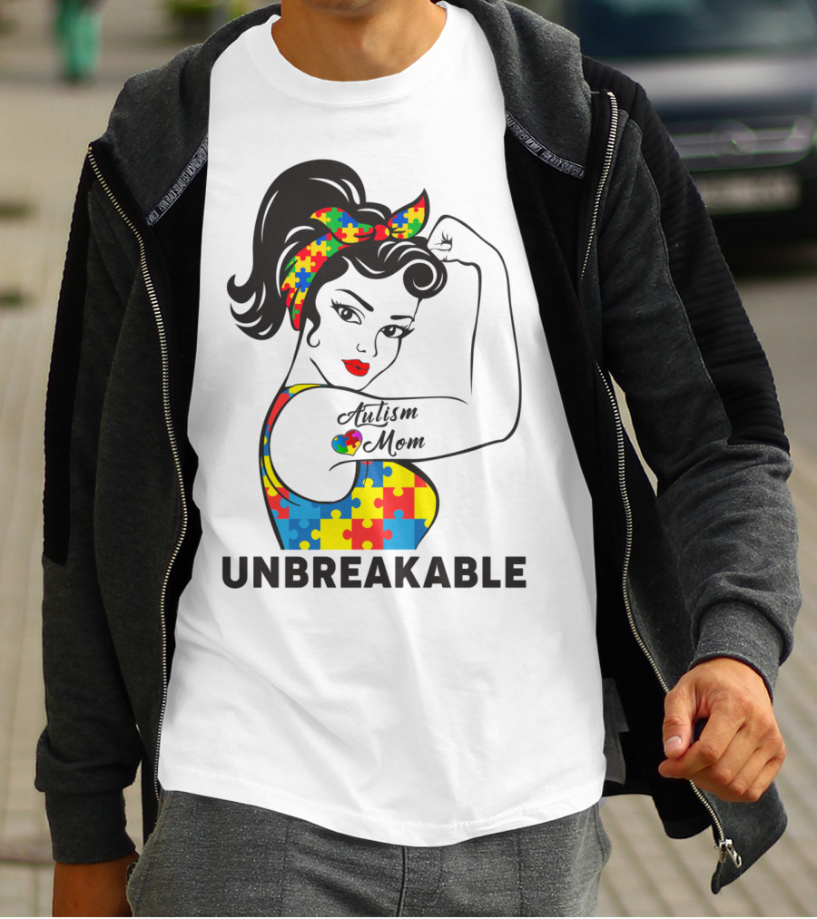 Autism Awareness Unbreakable Autism Mom Puzzle T-Shirt
