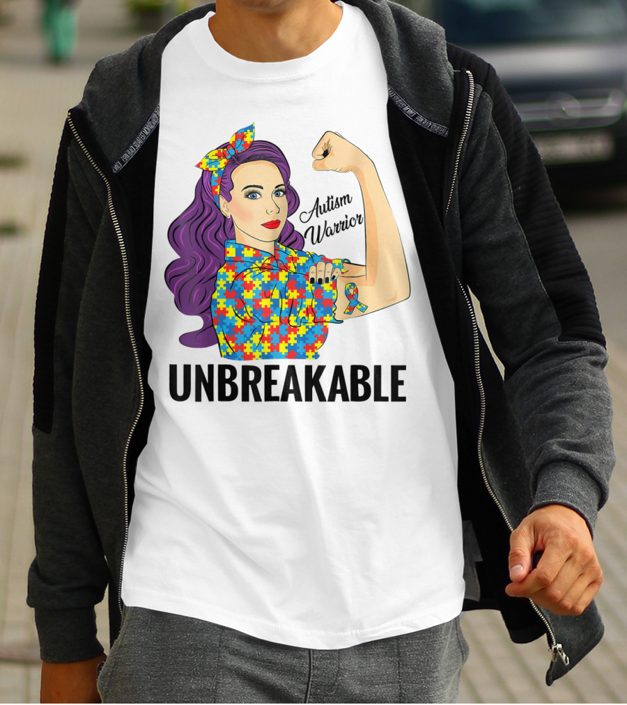 Autism Awareness Warrior Unbreakable Puzzle Ribbon Rosie The Riveter T-Shirt