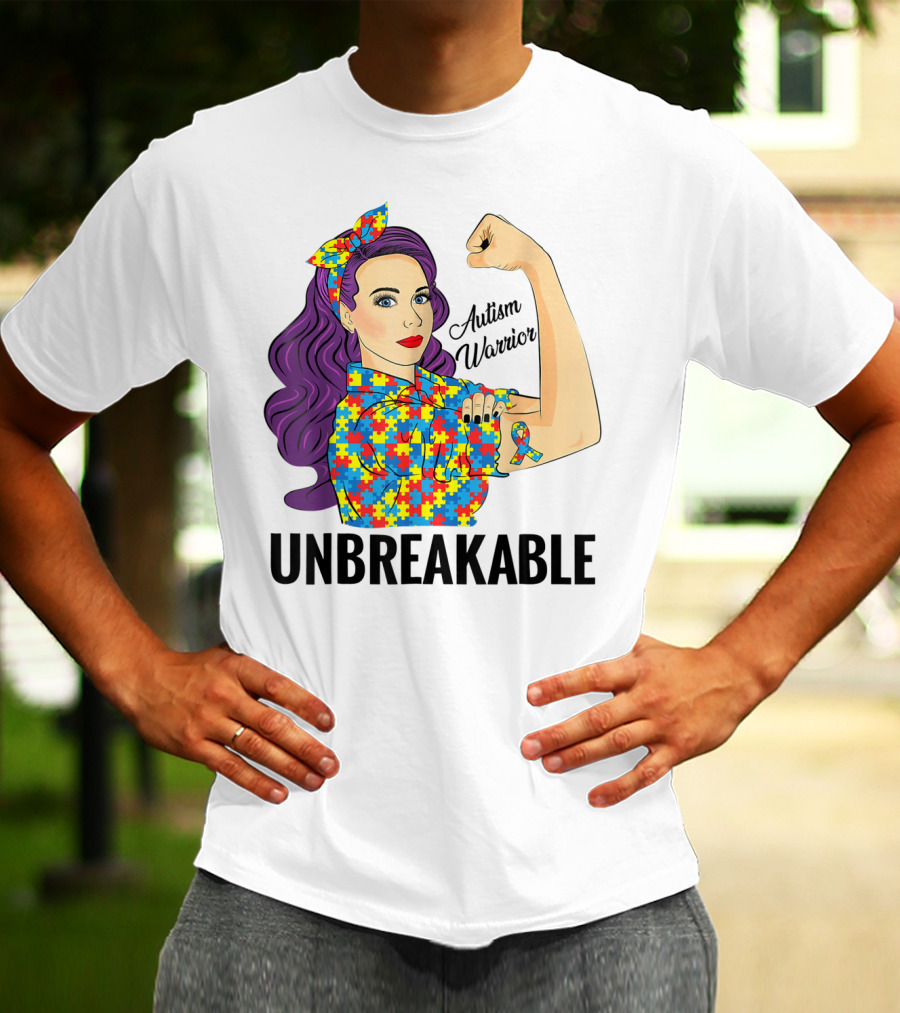 Autism Awareness Warrior Unbreakable Puzzle Ribbon Rosie The Riveter T-Shirt
