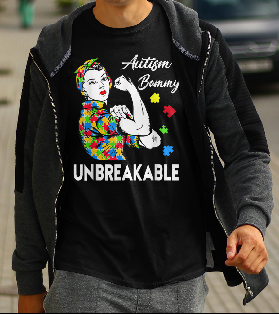 Autism Bammy Unbreakable Awareness Puzzle Piece Rosie The Riveter T-Shirt