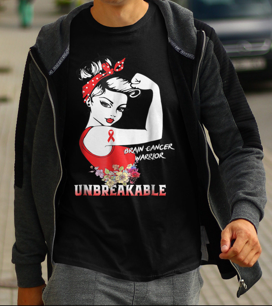 Unbreakable Brain Cancer Warrior With Awareness Ribbon And Floral Accents T-Shirt
