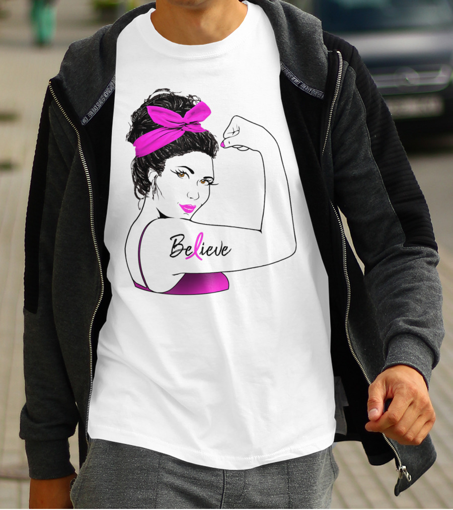 Breast Cancer Believe Unbreakable Rosie Pink Ribbon Power T-Shirt