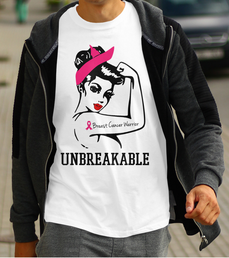 Unbreakable Breast Cancer Warrior Rosie The Riveter Pink T-Shirt