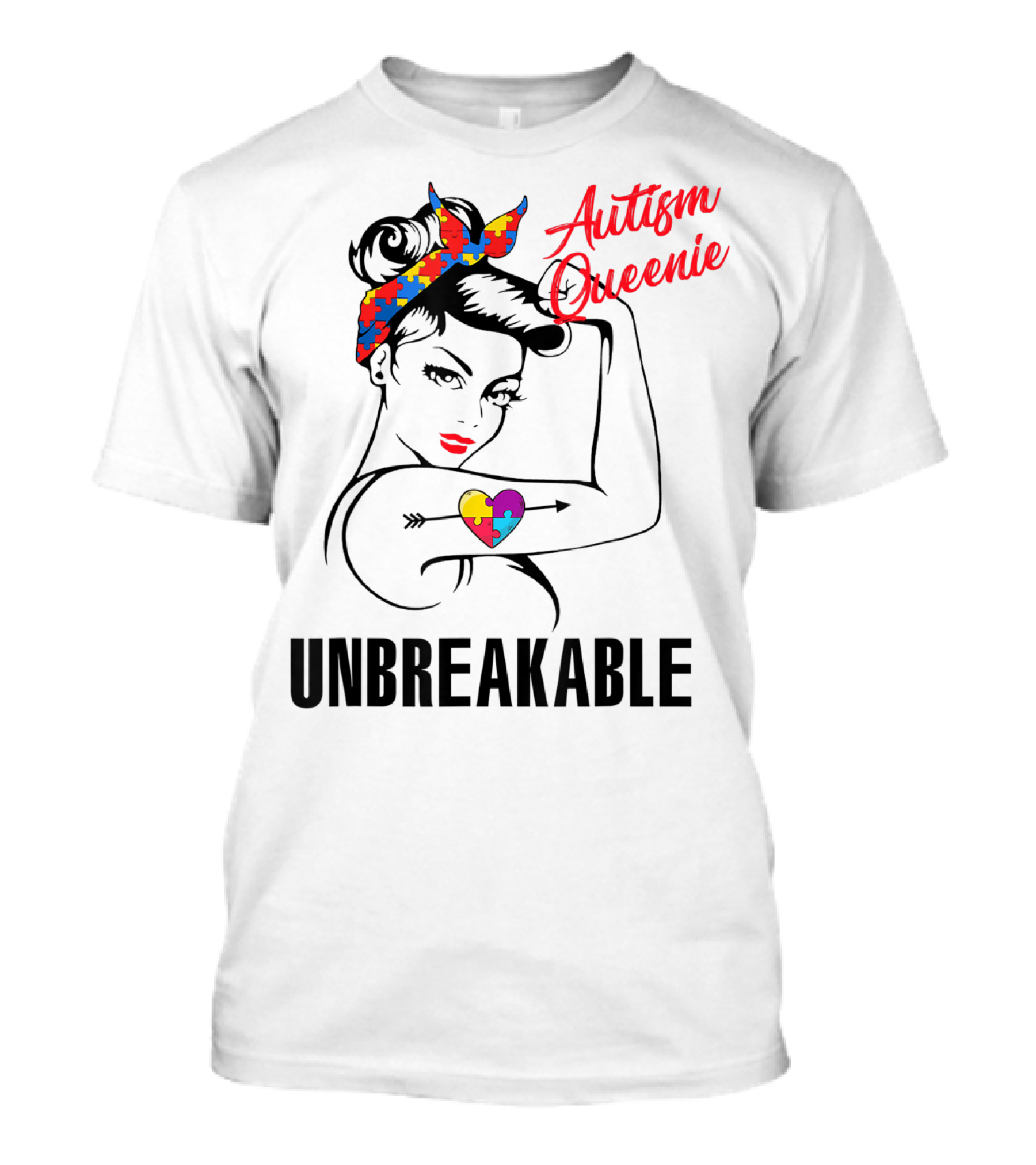 Autism Queenie Unbreakable With Puzzle Heart And Headscarf T-Shirt