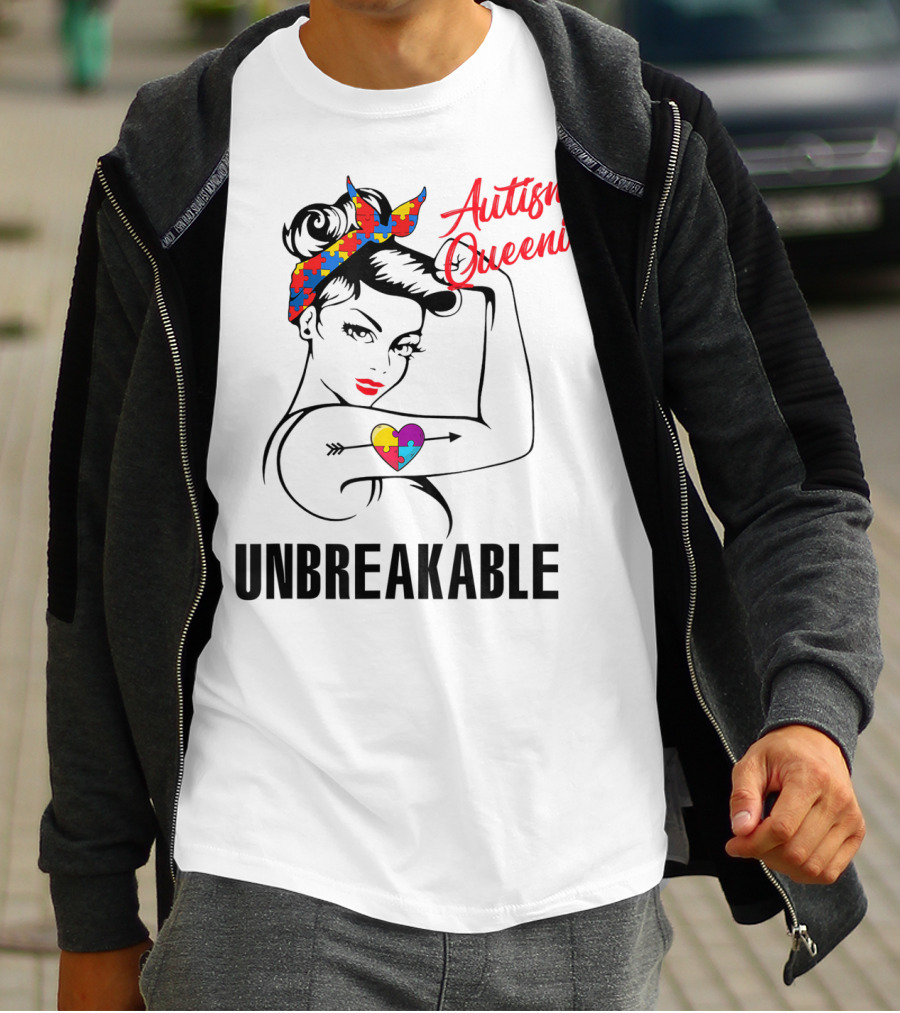 Autism Queenie Unbreakable With Puzzle Heart And Headscarf T-Shirt