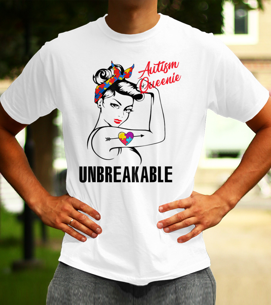 Autism Queenie Unbreakable With Puzzle Heart And Headscarf T-Shirt