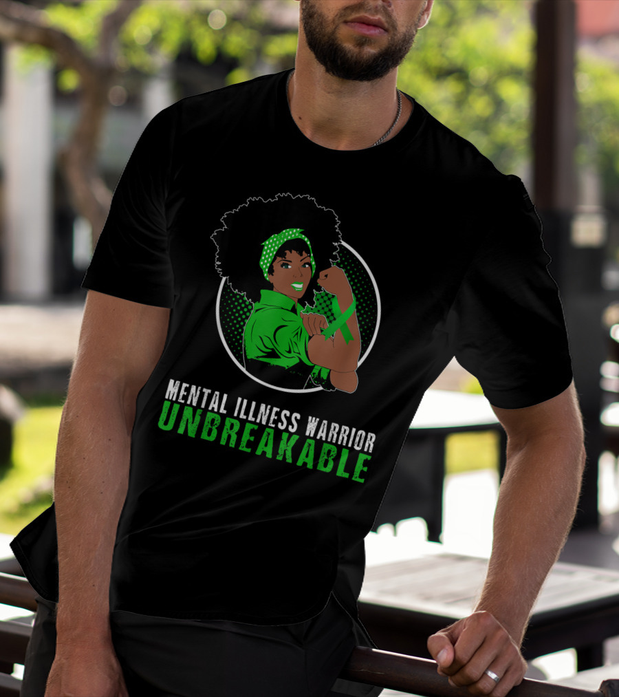 Mental Illness Warrior Unbreakable Empowerment Image With Afro And Green T-Shirt
