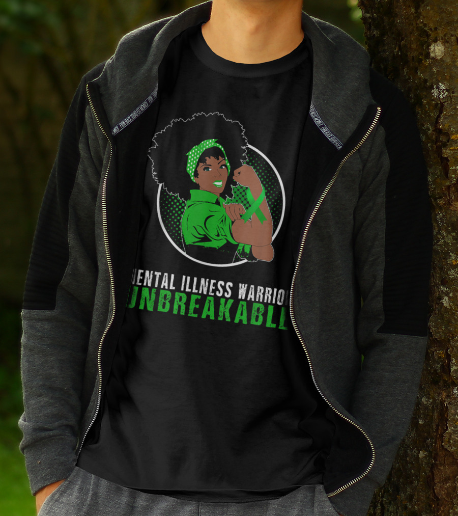 Mental Illness Warrior Unbreakable Empowerment Image With Afro And Green T-Shirt