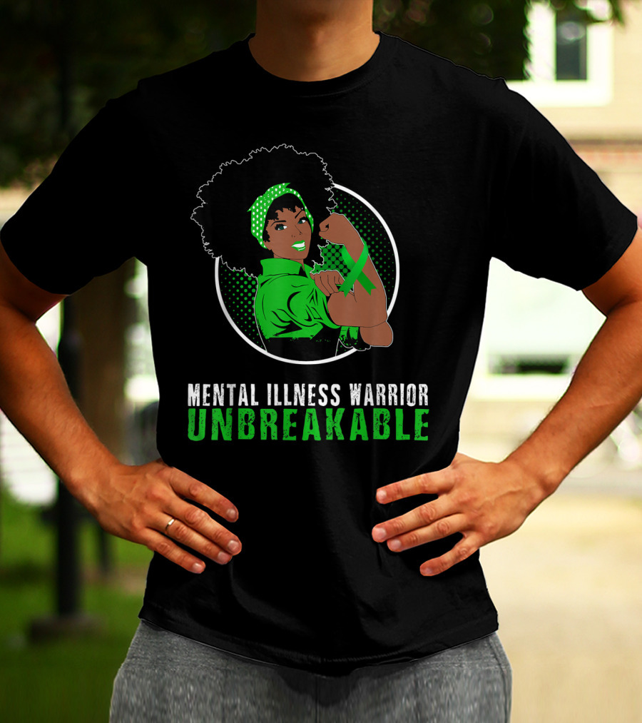 Mental Illness Warrior Unbreakable Empowerment Image With Afro And Green T-Shirt