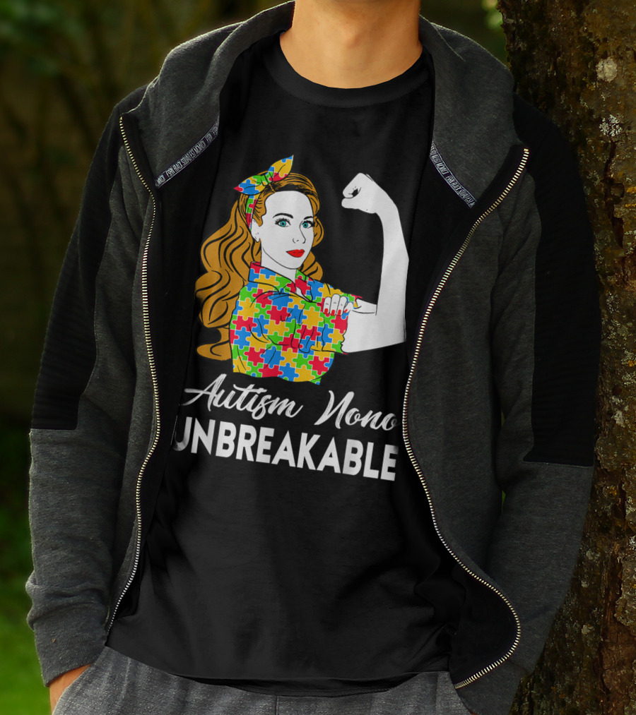 Autism Nono Unbreakable Autism Awareness Puzzle Pattern Rosie The Riveter T-Shirt