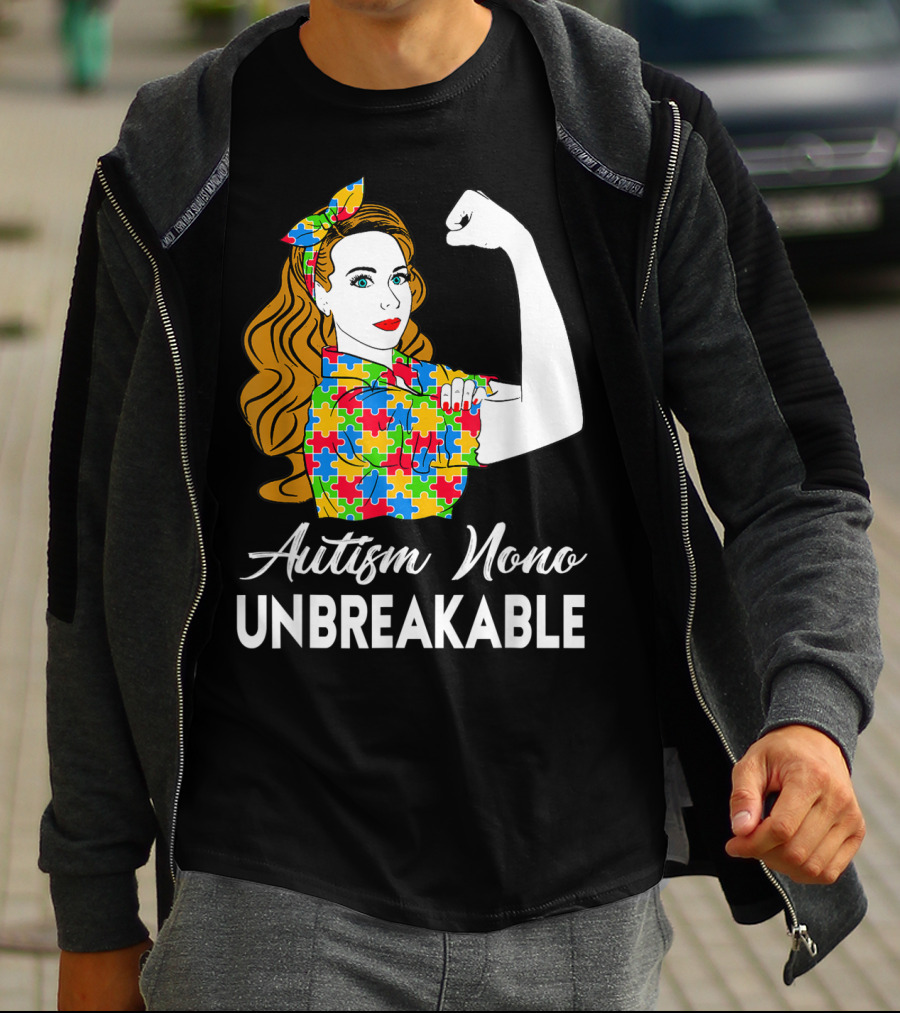 Autism Nono Unbreakable Autism Awareness Puzzle Pattern Rosie The Riveter T-Shirt