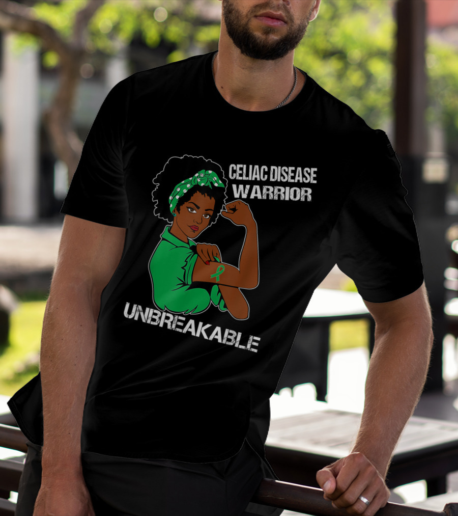 Celiac Disease Warrior Unbreakable With Empowering Arm Pose And Green Awareness T-Shirt
