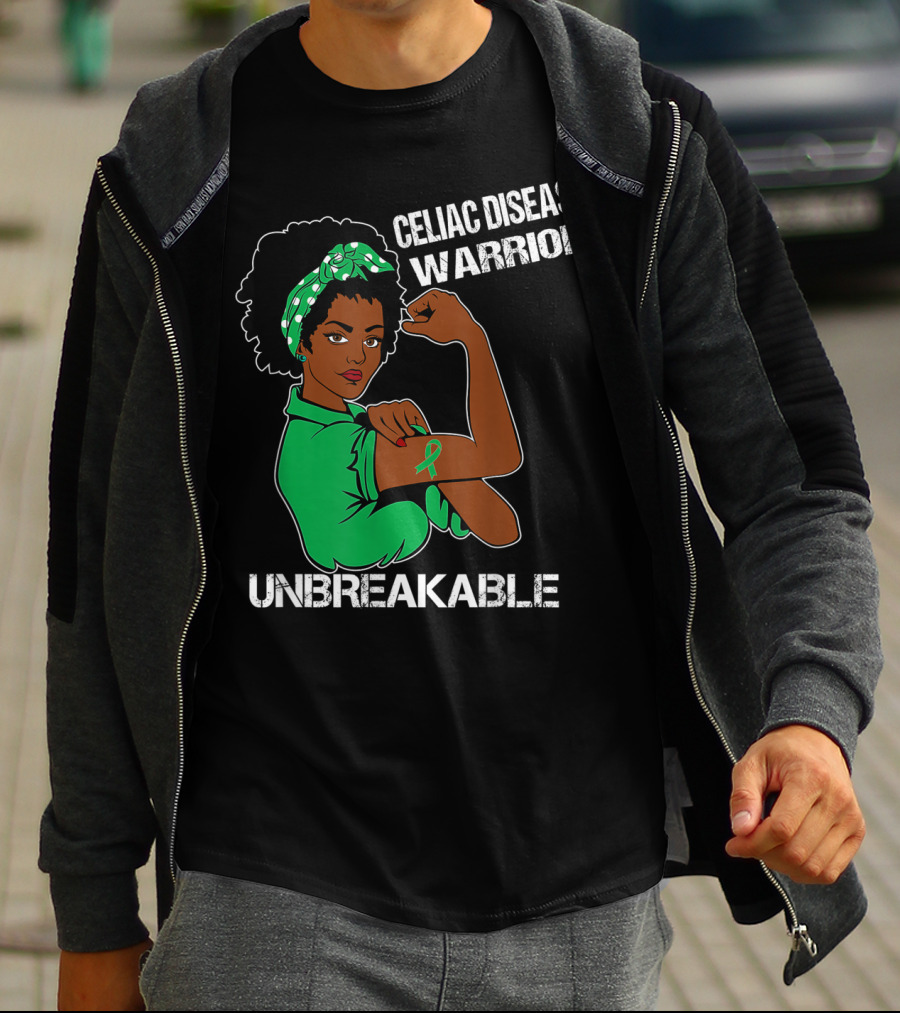 Celiac Disease Warrior Unbreakable With Empowering Arm Pose And Green Awareness T-Shirt