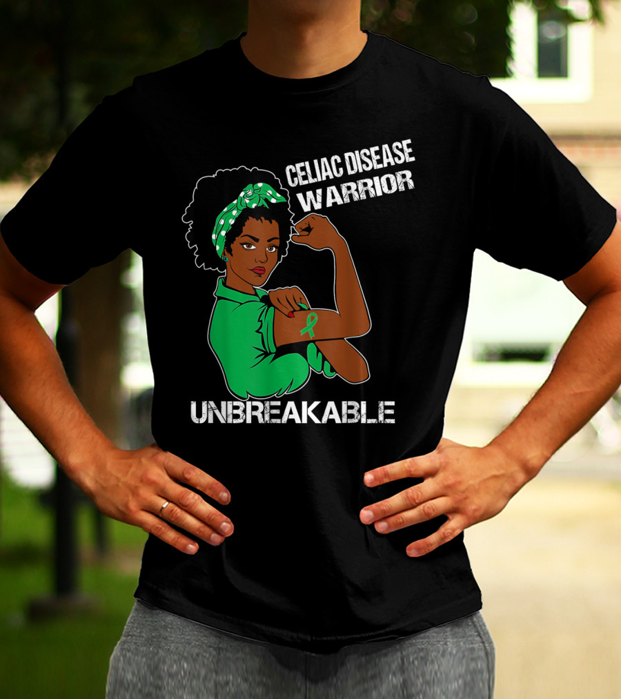 Celiac Disease Warrior Unbreakable With Empowering Arm Pose And Green Awareness T-Shirt