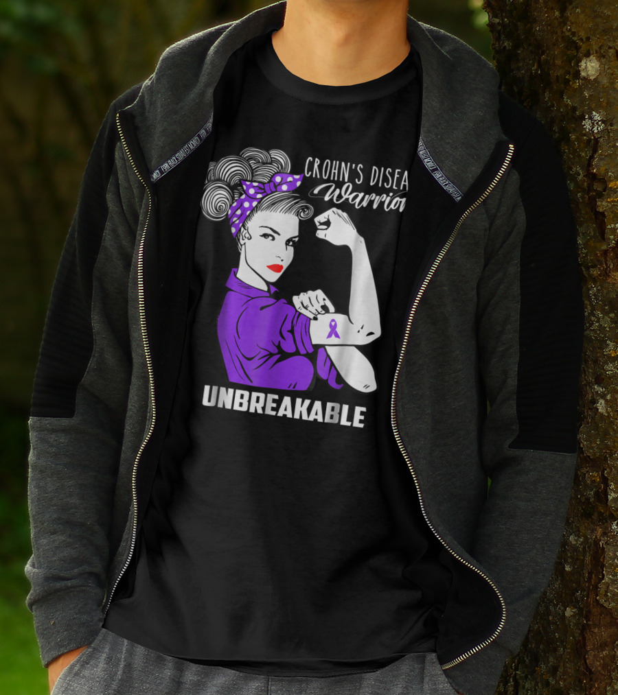 Crohn's Disease Warrior Unbreakable Awareness With Purple Ribbon Rosie The Riveter T-Shirt
