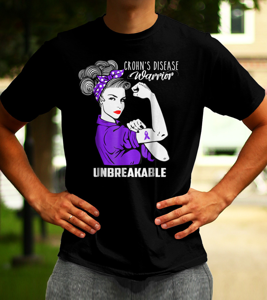 Crohn's Disease Warrior Unbreakable Awareness With Purple Ribbon Rosie The Riveter T-Shirt