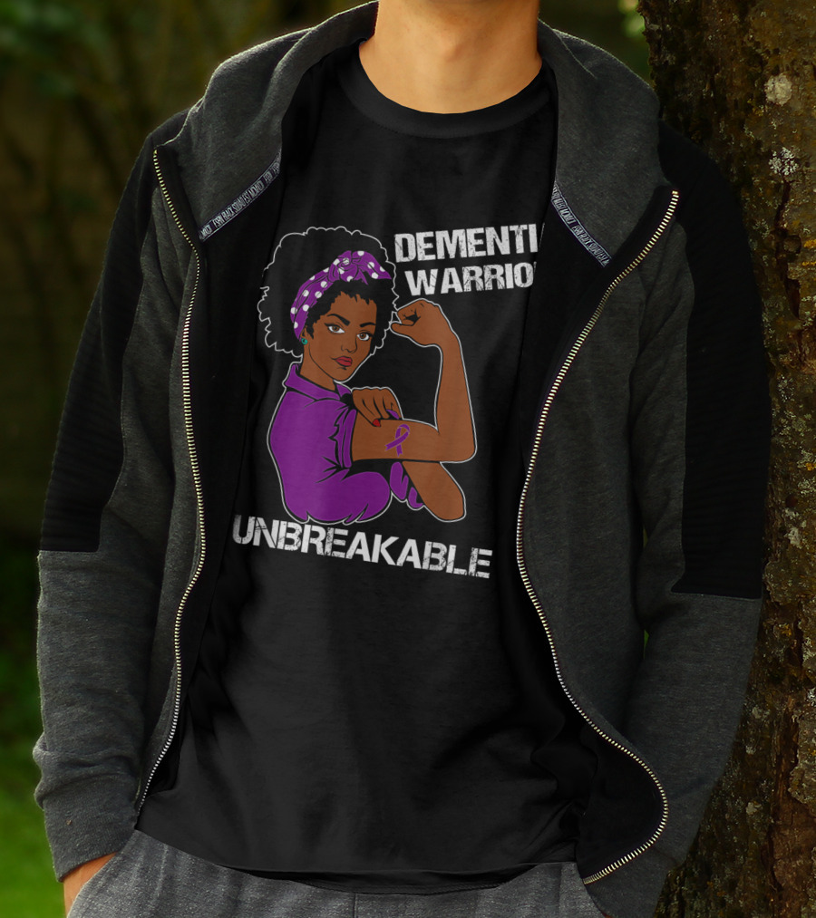 Dementia Warrior Unbreakable Rosie The Riveter Woman With Purple Awareness T-Shirt