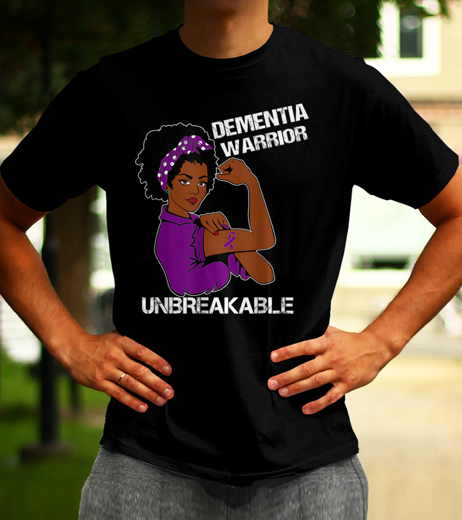 Dementia Warrior Unbreakable Rosie The Riveter Woman With Purple Awareness T-Shirt