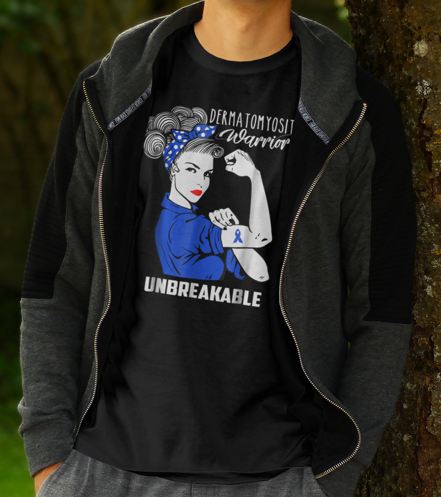 Dermatomyositis Warrior Unbreakable Awareness Flexing Rosie Icon With Blue T-Shirt