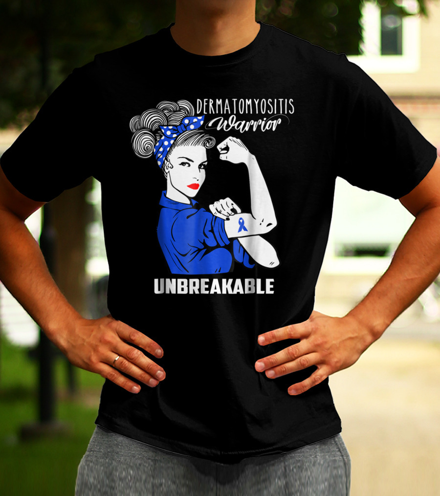 Dermatomyositis Warrior Unbreakable Awareness Flexing Rosie Icon With Blue T-Shirt