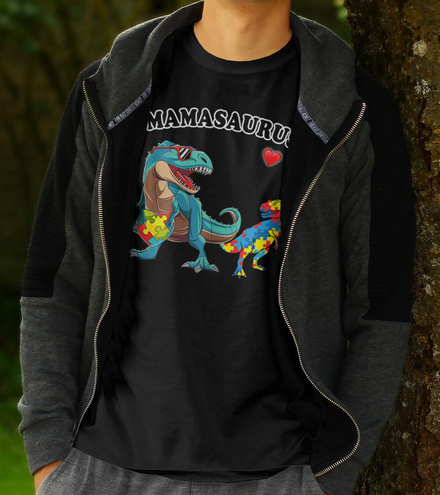 Mamasaurus Dinosaur Heart Puzzle Autism Awareness T-Shirt