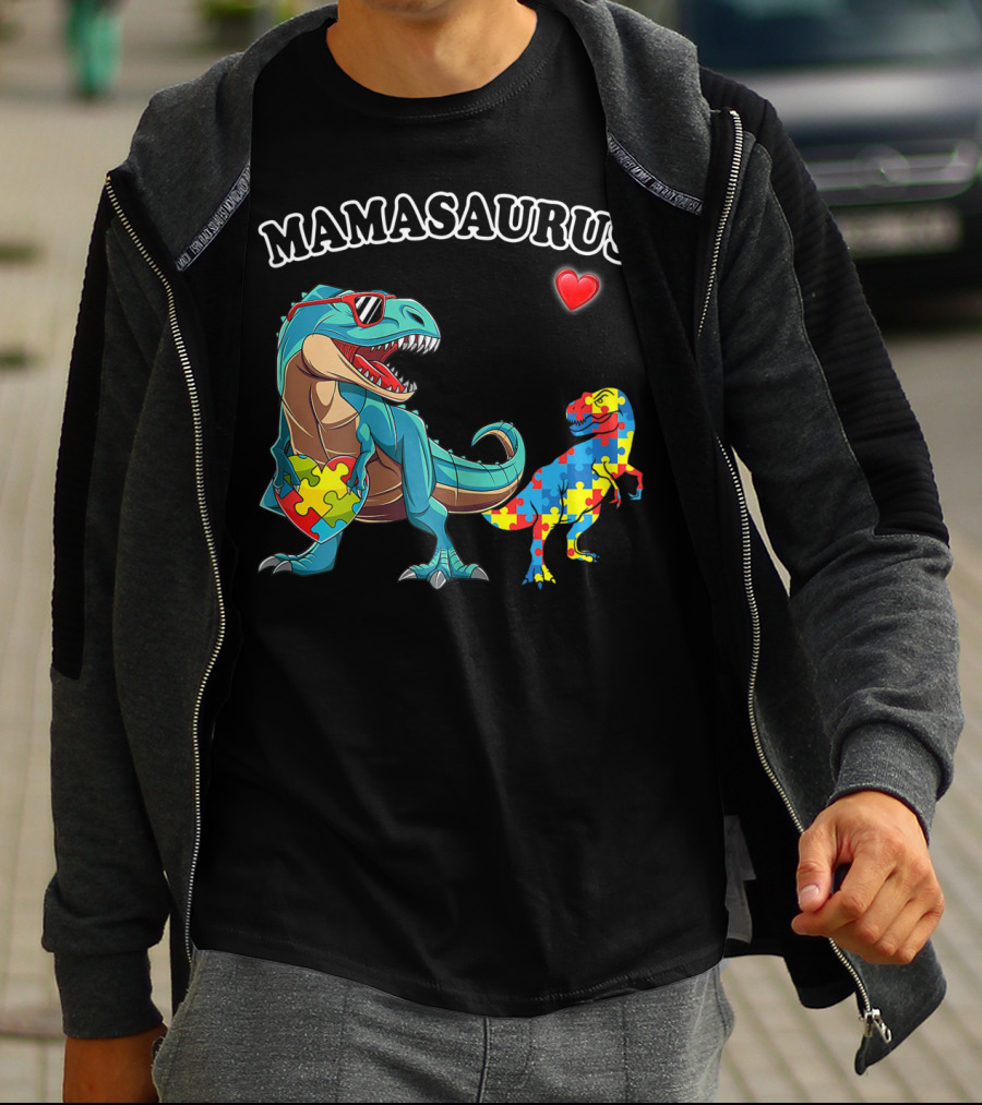 Mamasaurus Dinosaur Heart Puzzle Autism Awareness T-Shirt