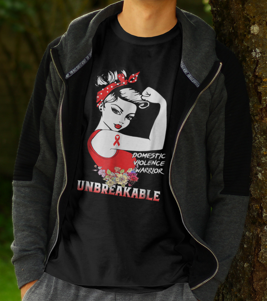 Domestic Violence Warrior Unbreakable Red Ribbon Rosie The Riveter Floral T-Shirt