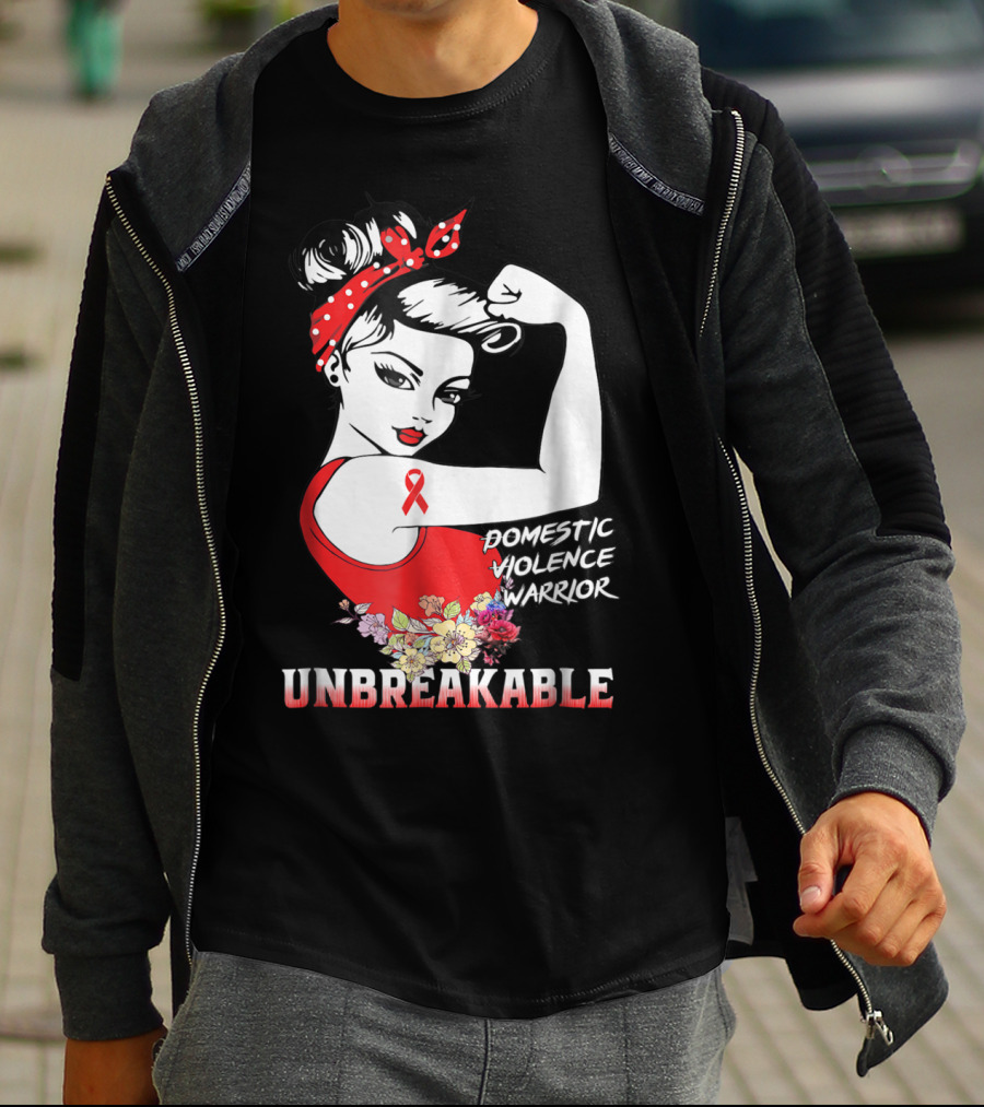 Domestic Violence Warrior Unbreakable Red Ribbon Rosie The Riveter Floral T-Shirt