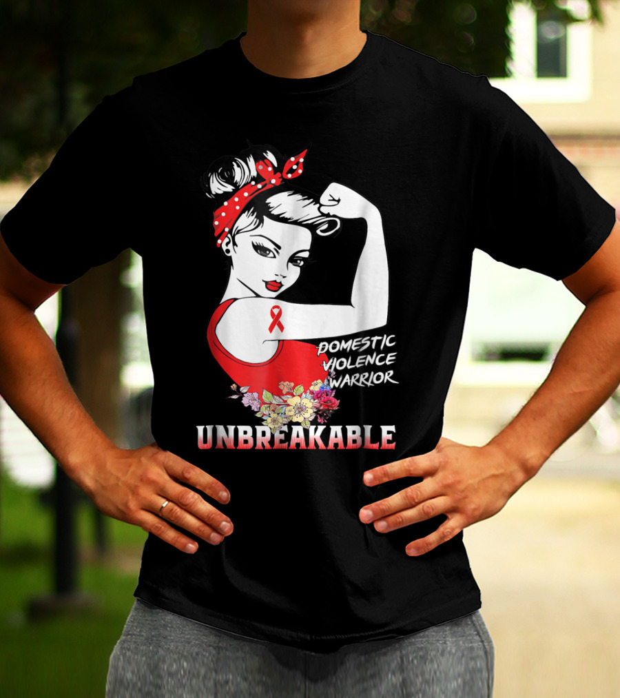 Domestic Violence Warrior Unbreakable Red Ribbon Rosie The Riveter Floral T-Shirt