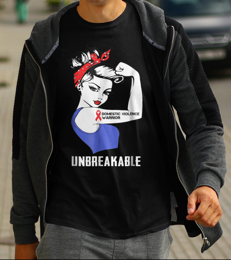 Domestic Violence Warrior Unbreakable Rosie Riveter Red Ribbon T-Shirt