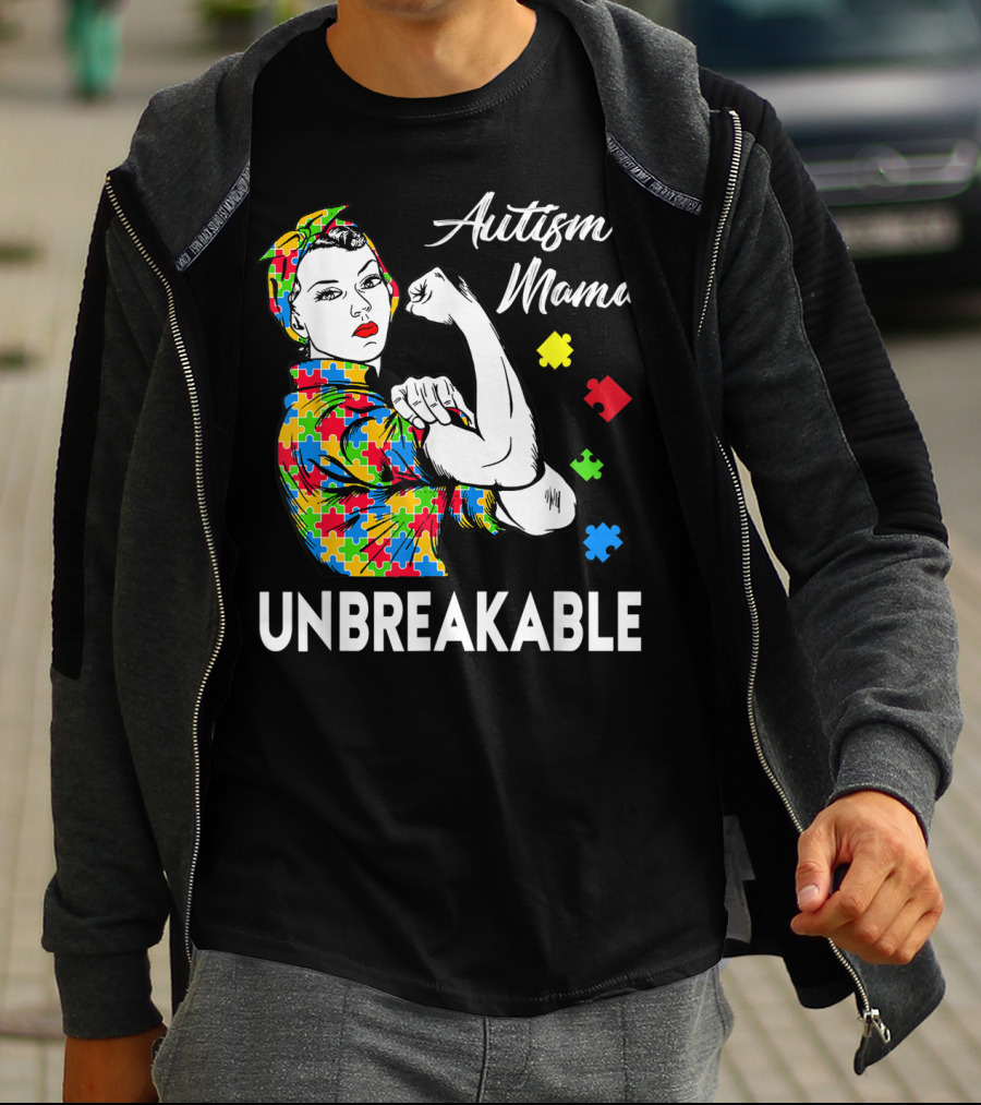 Autism Mama Unbreakable With Puzzle Pieces Rosie The Riveter Autism Awareness T-Shirt