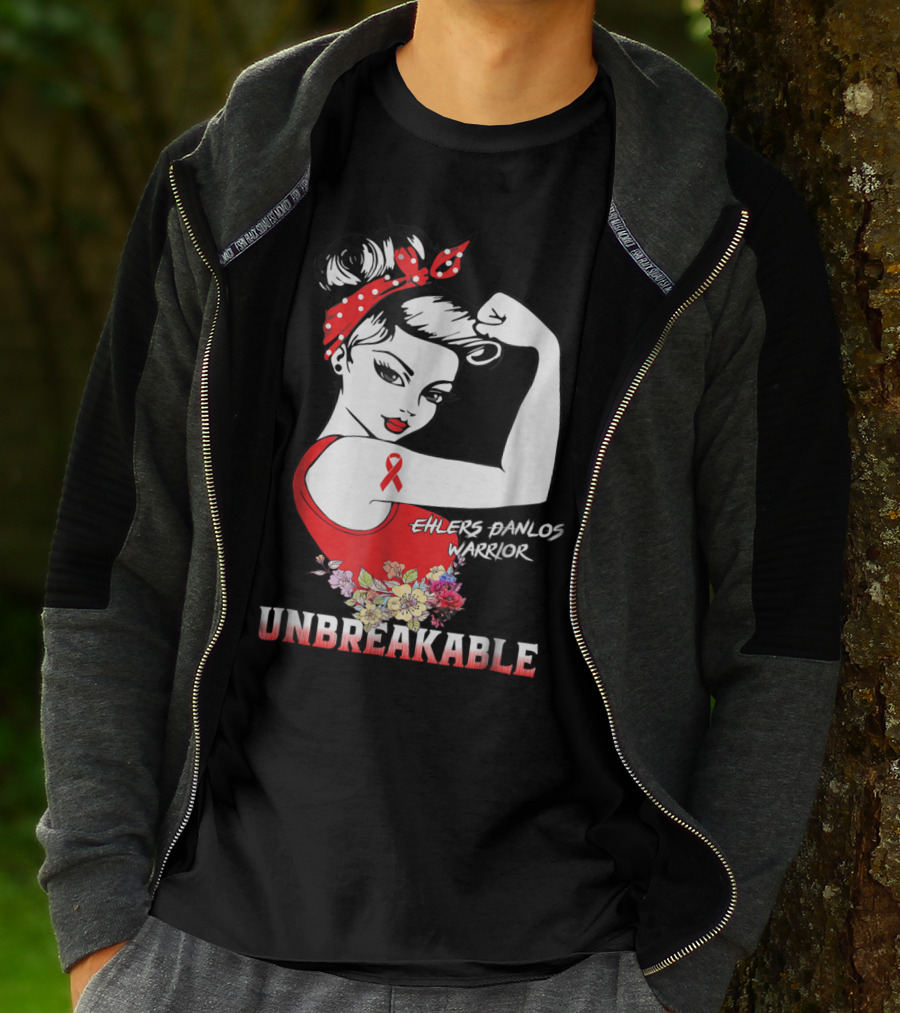 Ehlers Danlos Warrior Unbreakable Rosie The Riveter Style With Ribbon And Floral Elements T-Shirt