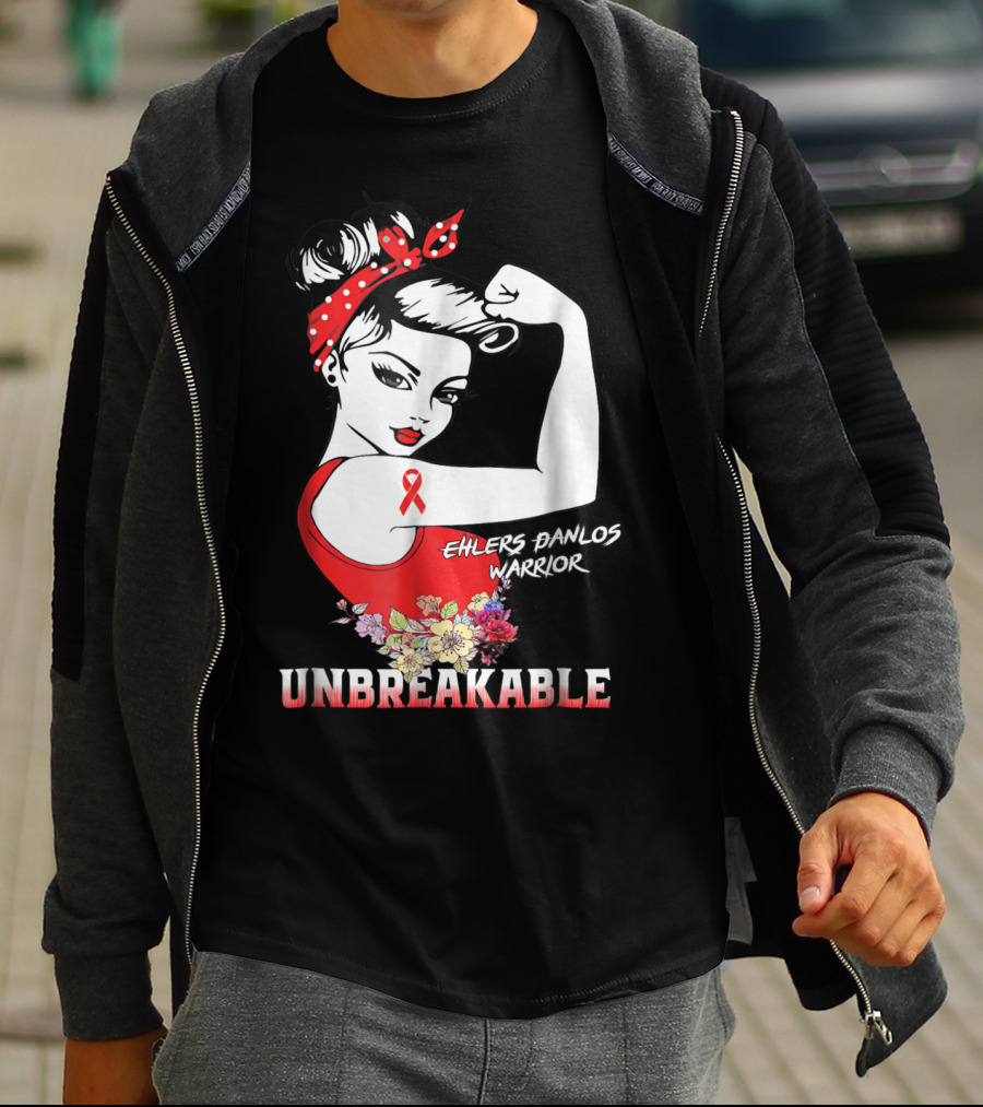 Ehlers Danlos Warrior Unbreakable Rosie The Riveter Style With Ribbon And Floral Elements T-Shirt