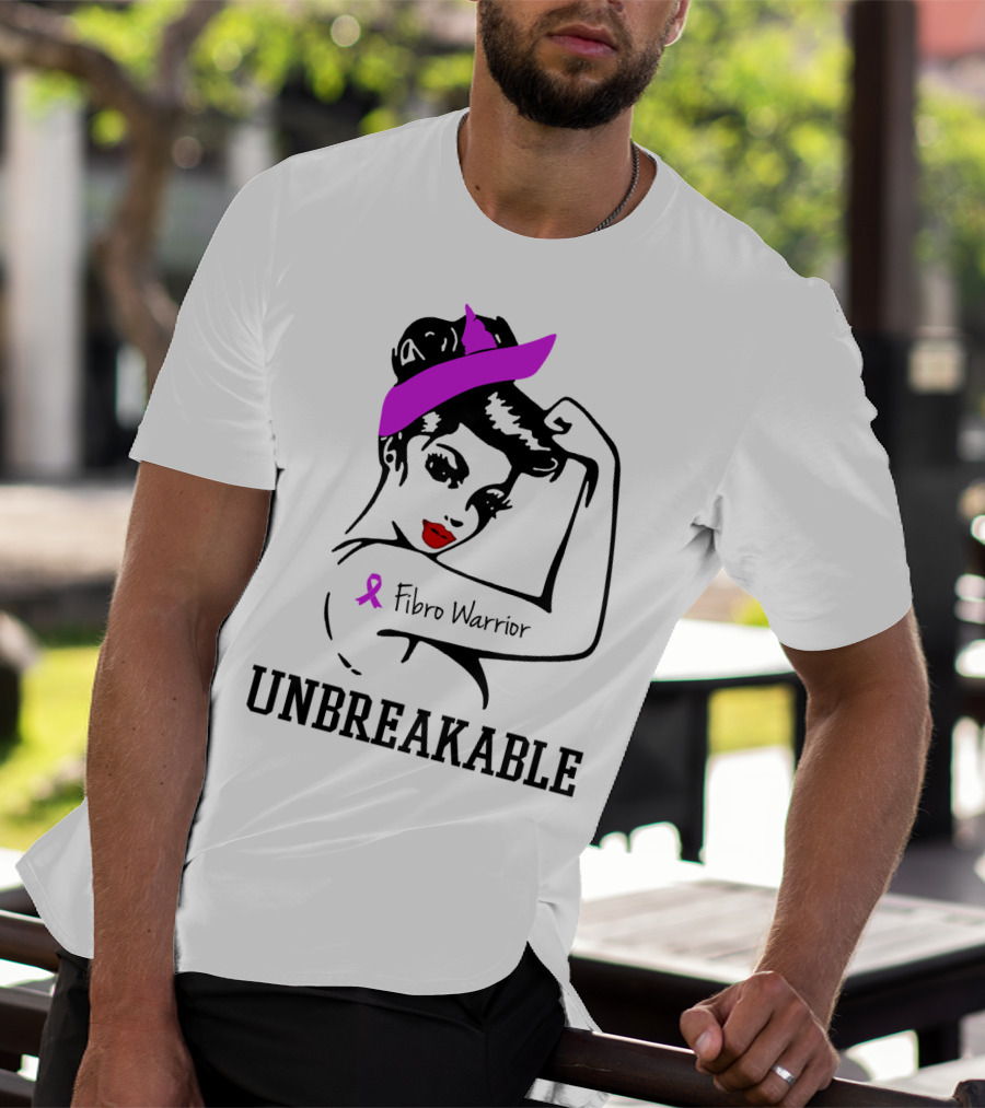 Fibro Warrior Unbreakable Strong Woman With Pink Ribbon And Purple Hair Bow T-Shirt