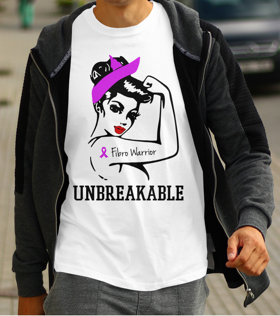 Fibro Warrior Unbreakable Strong Woman With Pink Ribbon And Purple Hair Bow T-Shirt