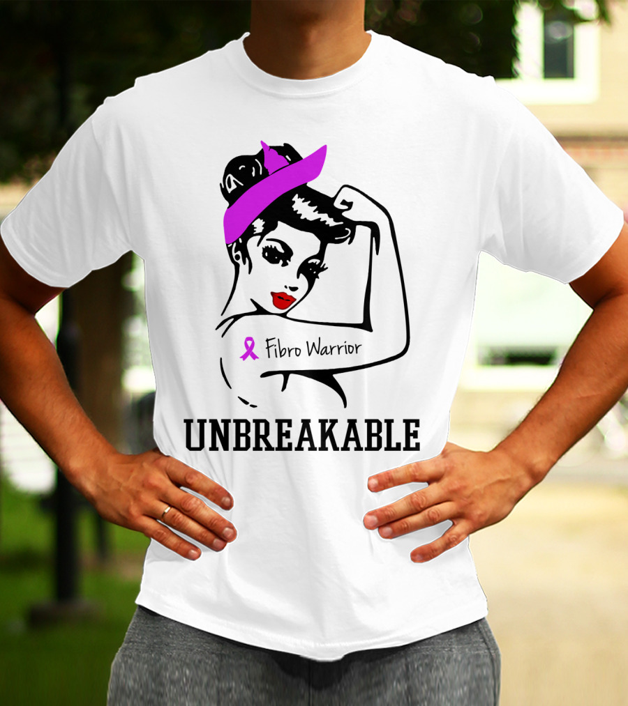 Fibro Warrior Unbreakable Strong Woman With Pink Ribbon And Purple Hair Bow T-Shirt