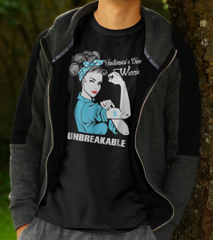 Hashimoto's Disease Warrior Unbreakable Rosie Riveter Style Blue Awareness T-Shirt
