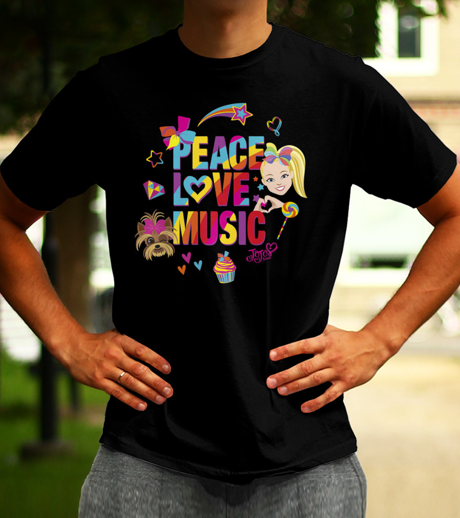 Jojo Siwa Peace Love Music Rainbow With Bow Stars Hearts Cupcake Puppy T-Shirt