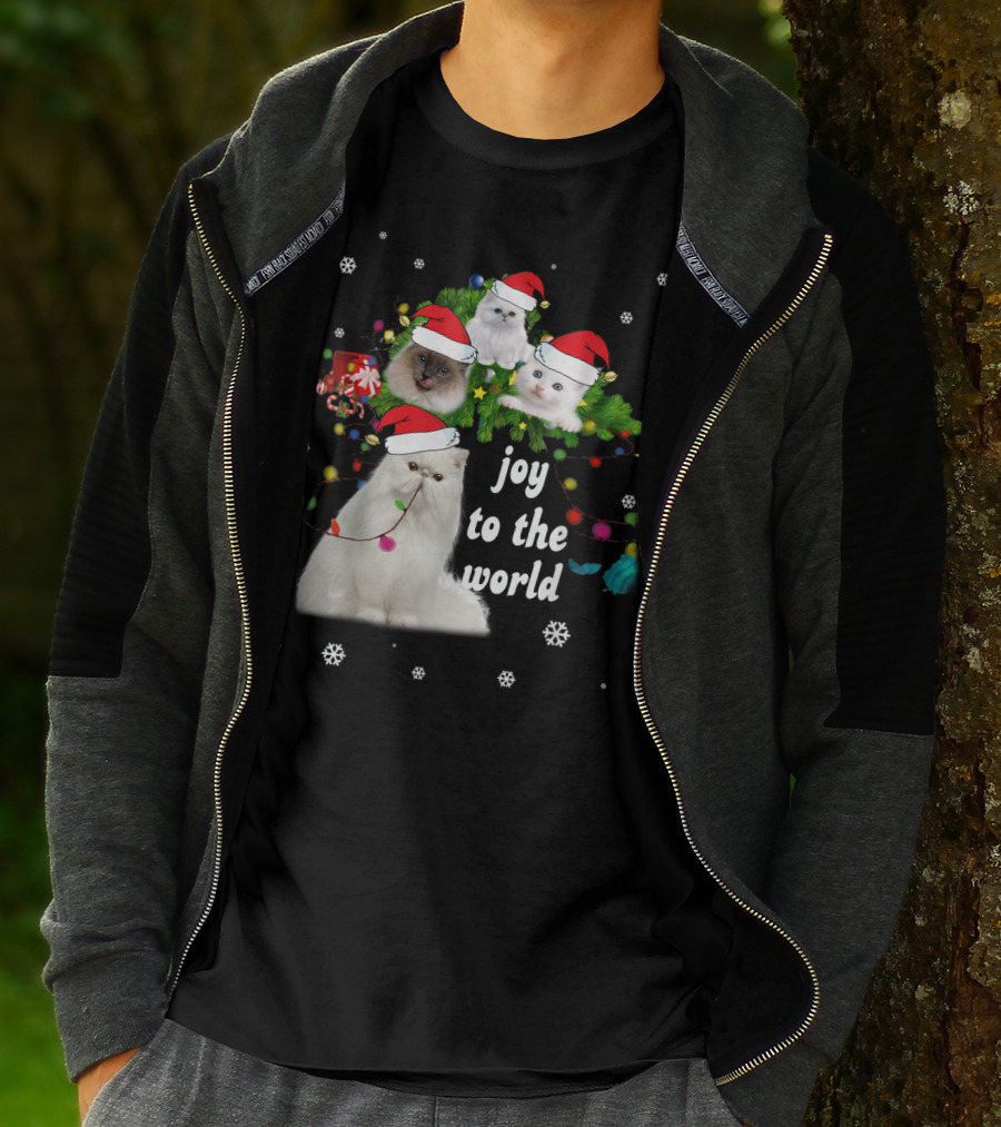 Joy To The World Christmas Cats With Santa Hats And Snowflakes T-Shirt