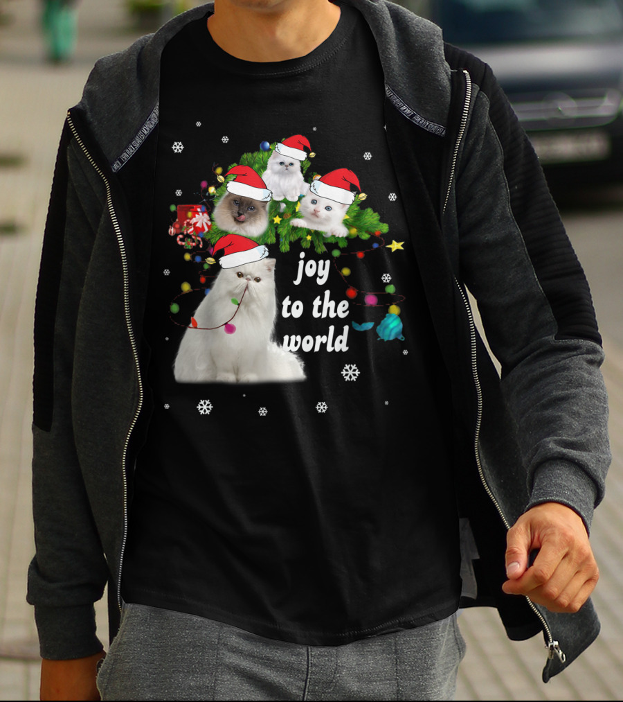 Joy To The World Christmas Cats With Santa Hats And Snowflakes T-Shirt