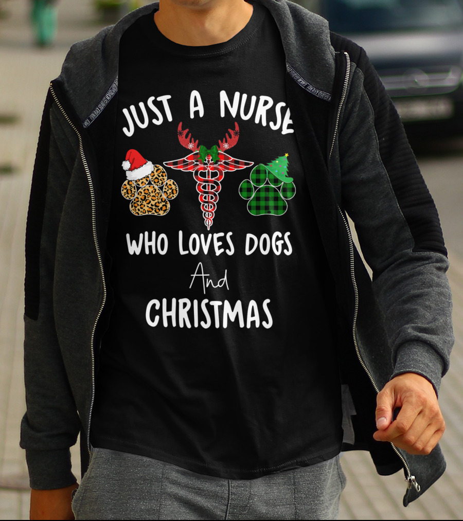 Just A Nurse Who Loves Dogs And Christmas T-Shirt