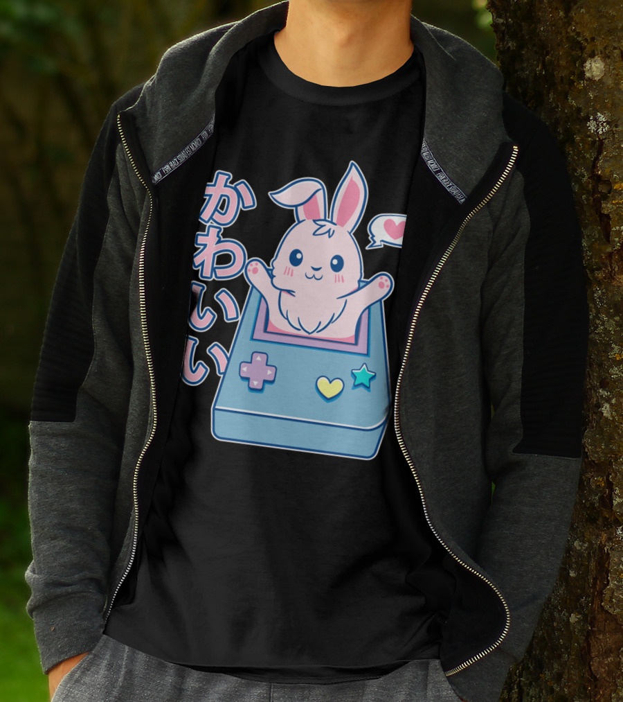 Kawaii Gamer Bunny Rabbit In Pastel Colors With Japanese Text And Game Console T-Shirt