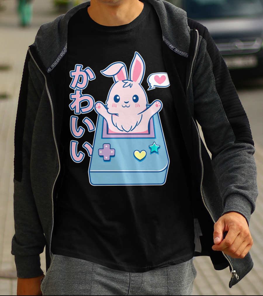 Kawaii Gamer Bunny Rabbit In Pastel Colors With Japanese Text And Game Console T-Shirt