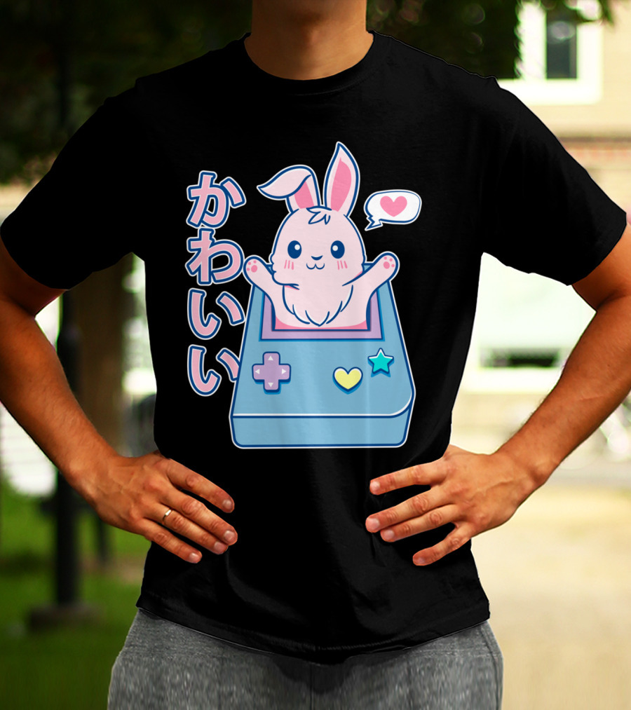 Kawaii Gamer Bunny Rabbit In Pastel Colors With Japanese Text And Game Console T-Shirt