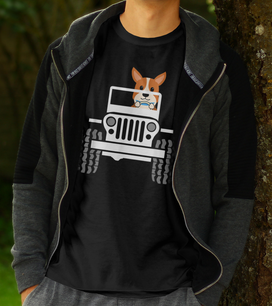 Mens Funny Cute Corgi Jeep Dog T-Shirt