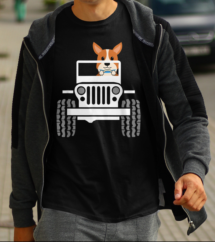 Mens Funny Cute Corgi Jeep Dog T-Shirt