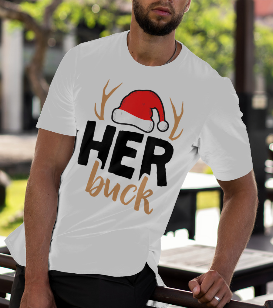 Her Buck Christmas Antlers Santa Hat Matching Mens T-Shirt