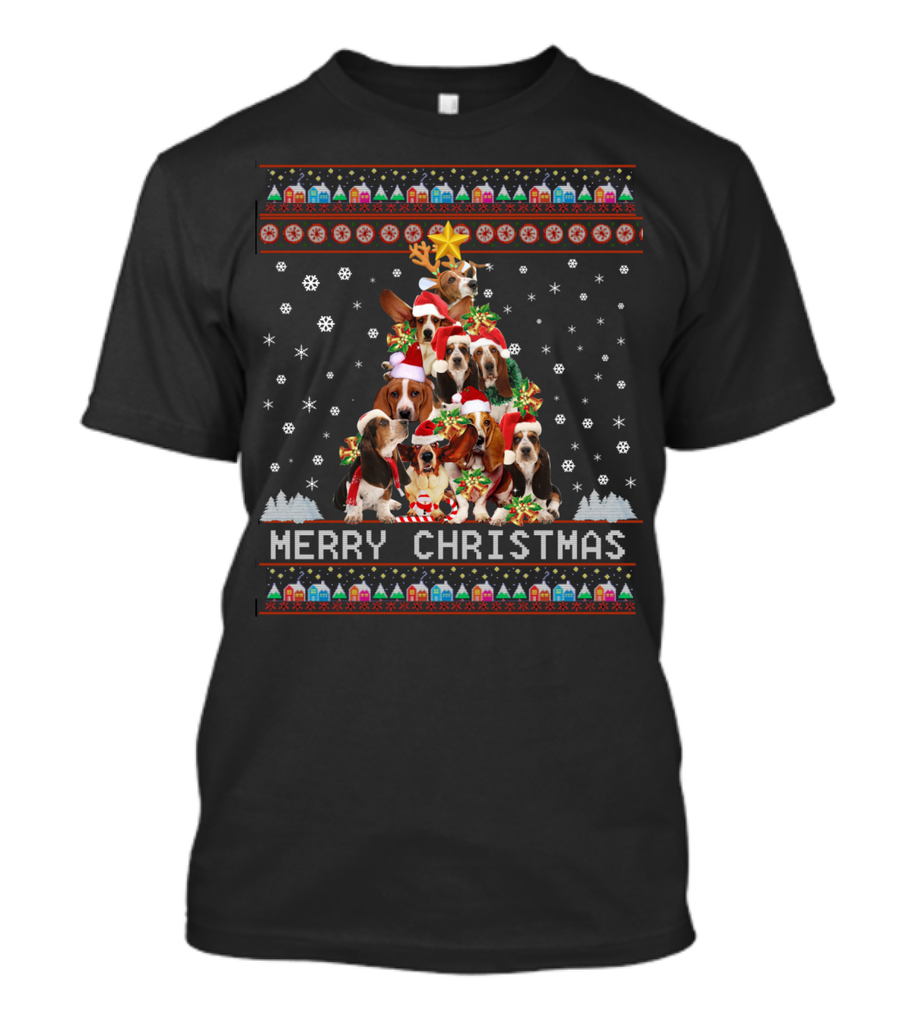 Merry Christmas Basset Hound Dogs In Festive Holiday Winter Wonderland With Snowflakes And Decorations T-Shirt