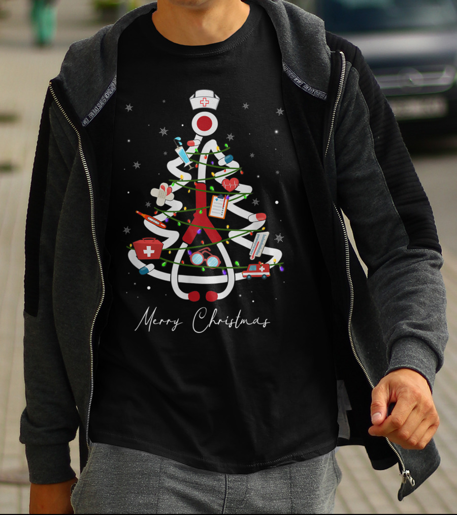 Merry Christmas Nurse Stethoscope Xmas Tree Medical Holiday Decorations T-Shirt